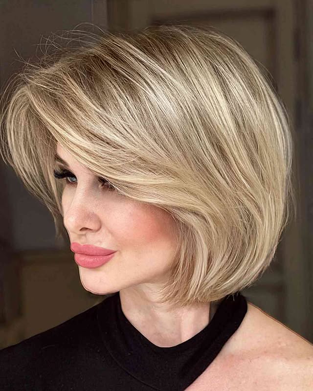 Fluffy Blonde Layered Bob With Curtain Bangs