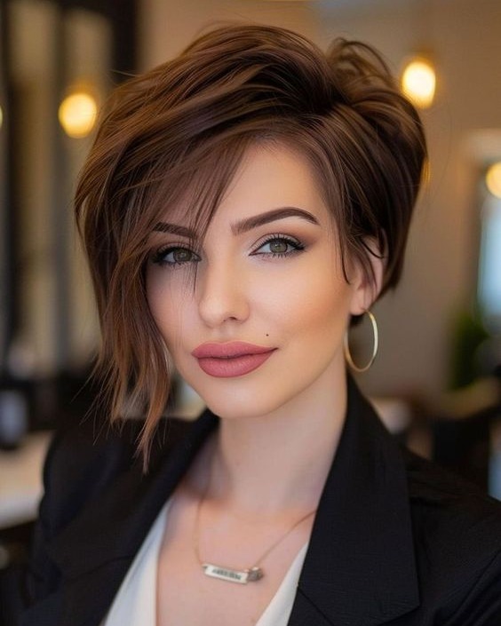 Long Brown Pixie with Bangs
