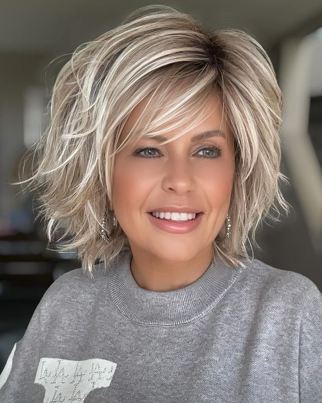Textured Silver Shaggy Bob with Feathered Layers