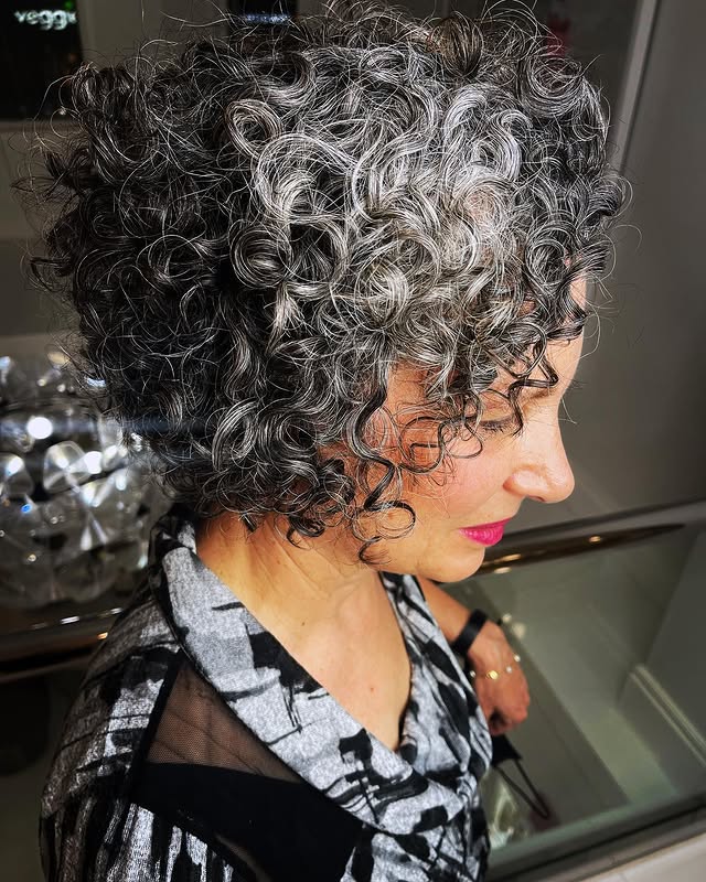 Voluminous Curly Grey Bob with Natural Texture